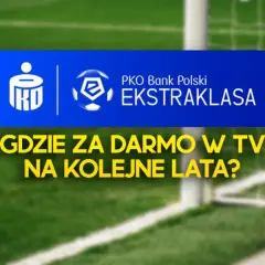 Niebieski baner z logo PKO Ekstraklasa na tle boiska piłkarskiego.