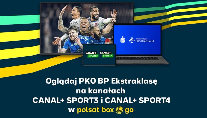 Piłkarze na ekranie telewizora i laptopa, z logo PKO BP Ekstraklasa i kanałów Canal+.