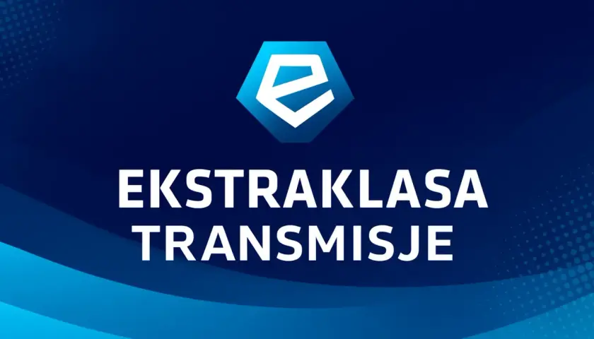 Logo Ekstraklasy i napis "EKSTRAKLASA TRANSMISJE" na granatowym tle z niebieskimi falami.